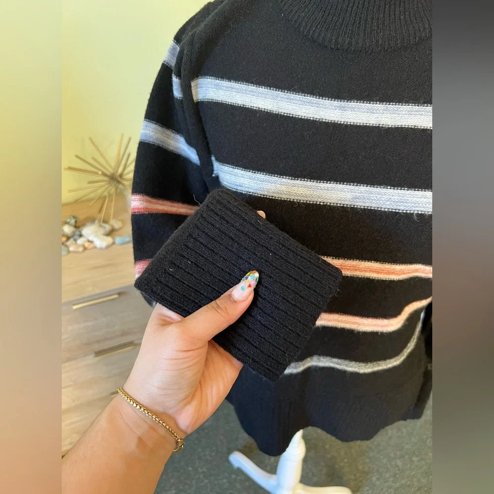 Colorful Stripe Knit Modest Long-Sleeve Mockneck Turtleneck Boxy Acrylic Sweater
